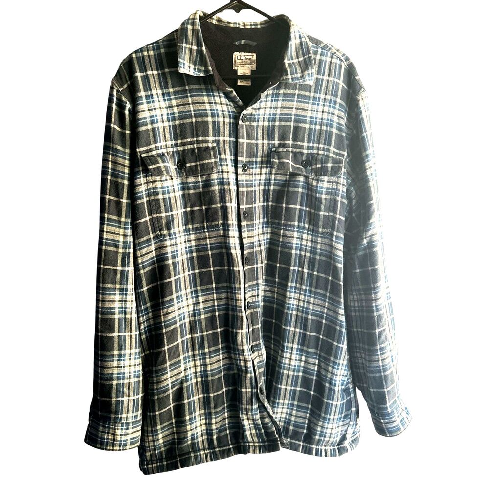 LL Bean Men’s Shirt Jacket Fleece Lined Green Plaid Lg-Tall 298190